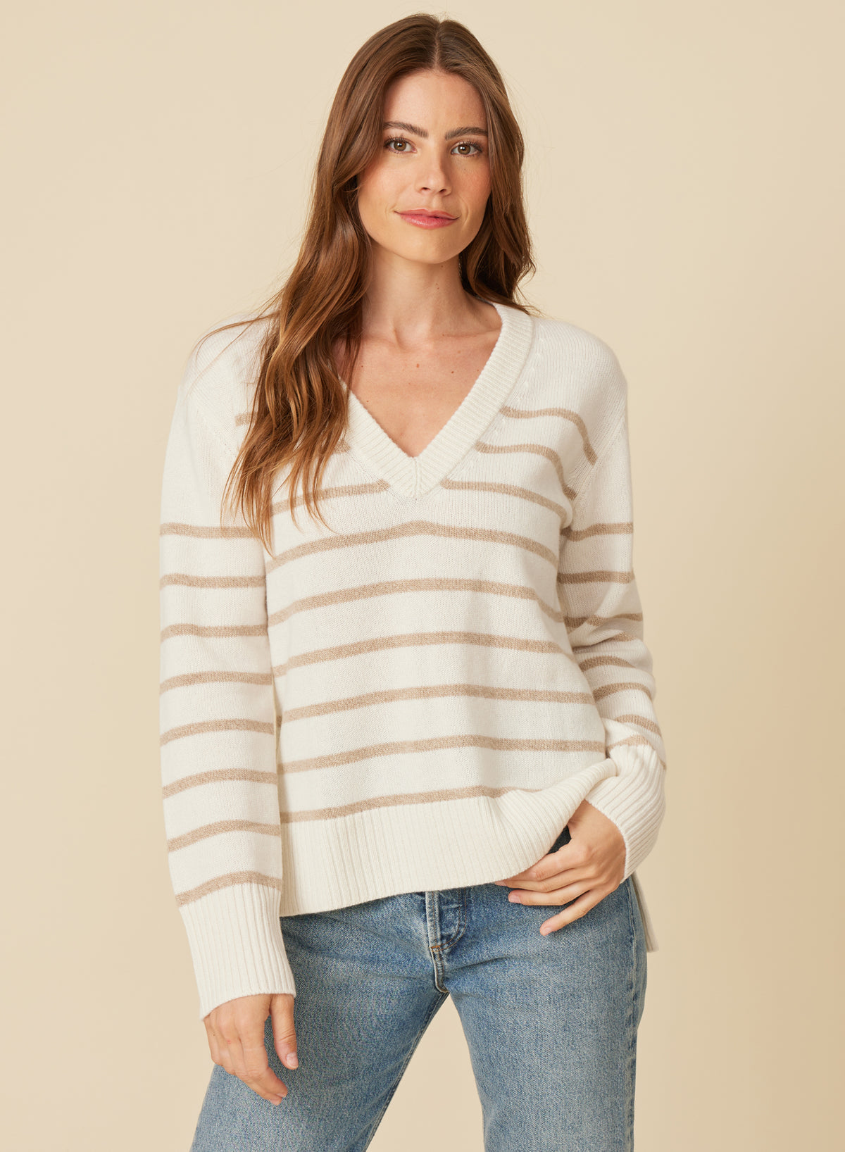 Marin Cashmere Vneck Snow Combo One Grey Day