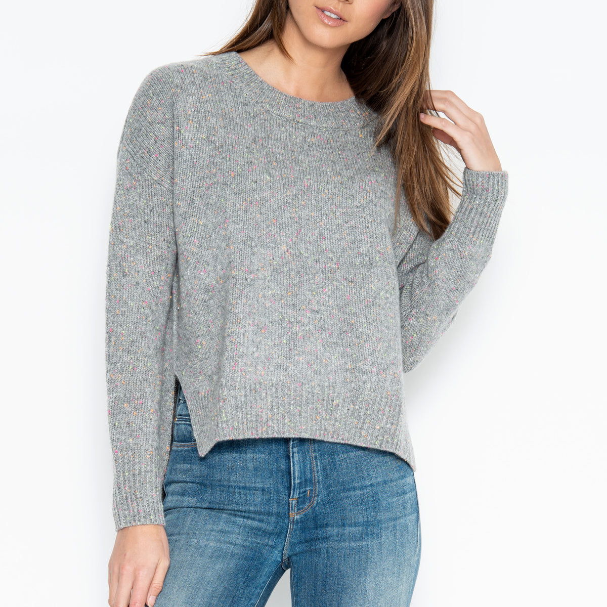 Scoop Hem Cashmere Sweater with Heart Elbow Patches - Light Grey/Lavender
